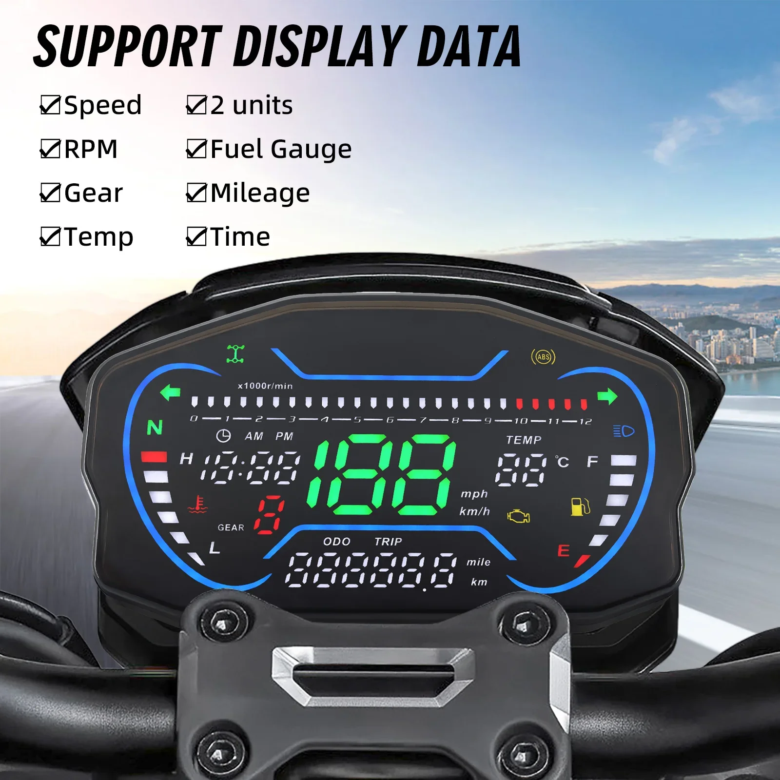 Test Instruments - Digitaler Motorrad-Tachometer, LED-Armaturenbrett, 12000 U/min Drehzahlmesser,